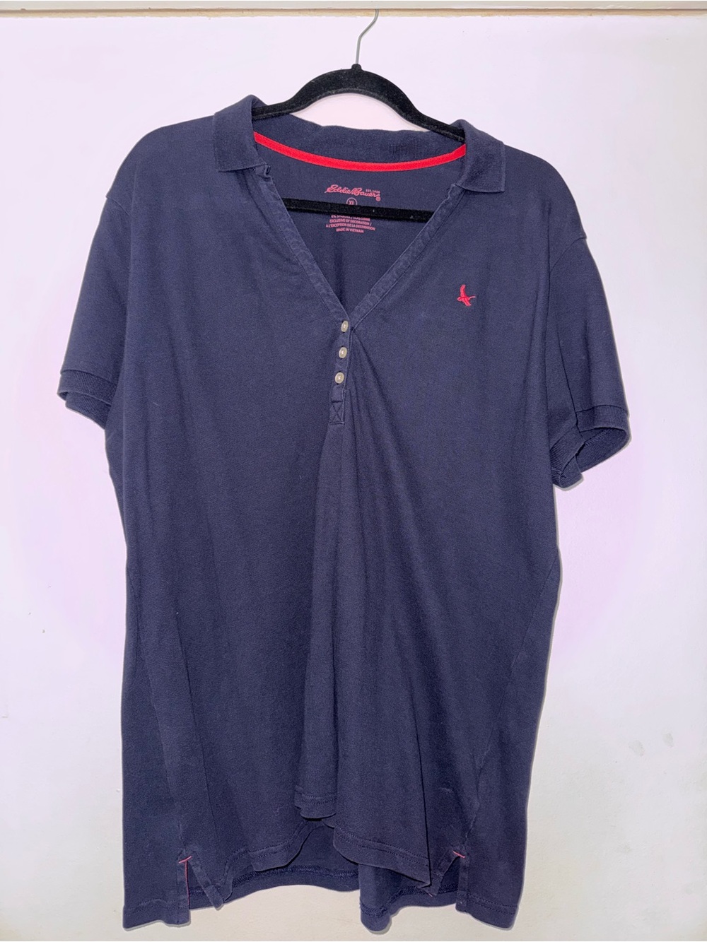 Eddie Bauer Navy Polo Shirt with Red Accent and Pearl Buttons